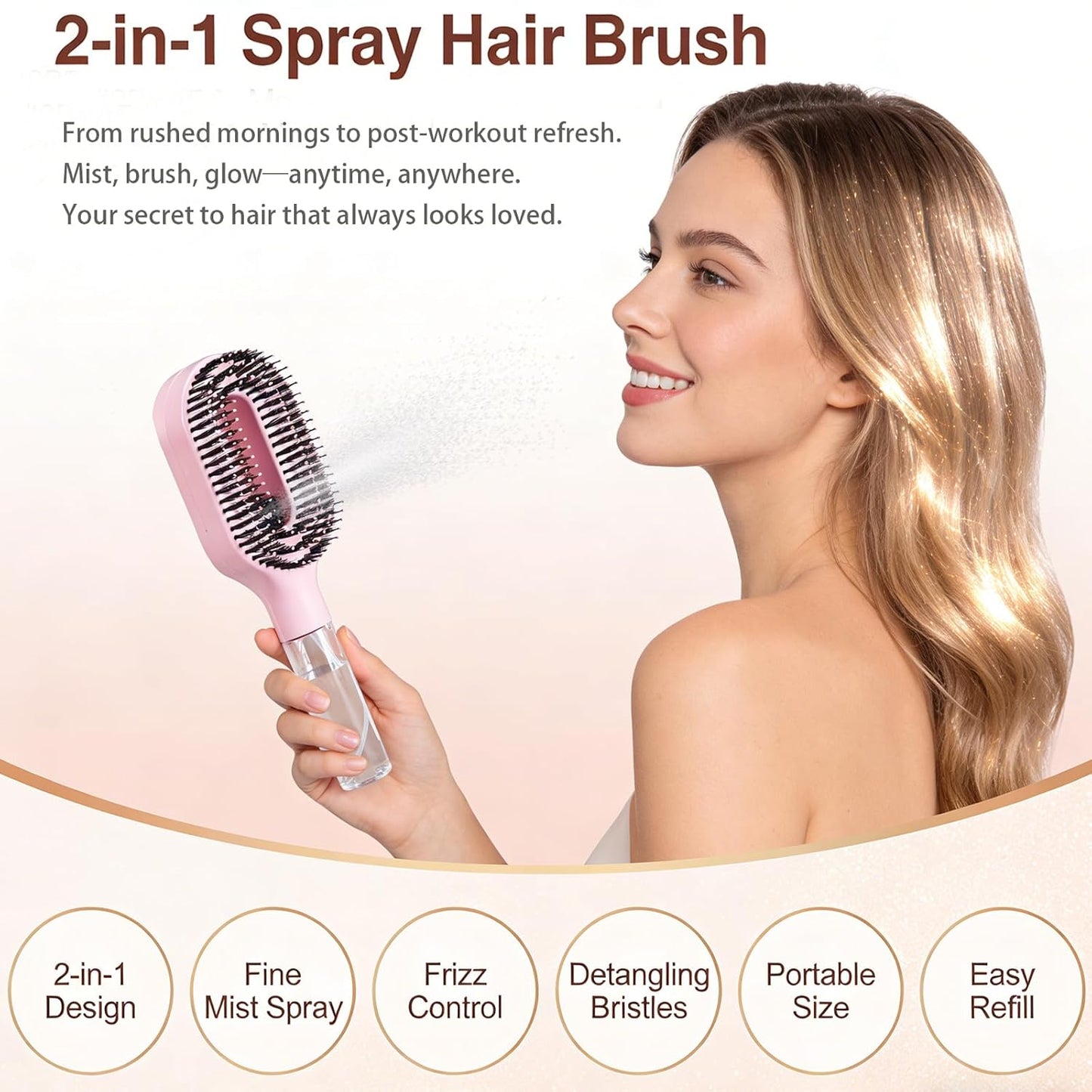 2-in-1 Detangler Brush, Hair Brush with Water Spray | Detangling Brush with Built-in 50ml Water Mister, Brush with Water Spray